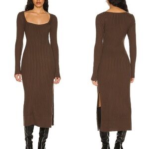PAIGE Benita Ribbed Midi Dress wool blend chocolate brown sweater dress large